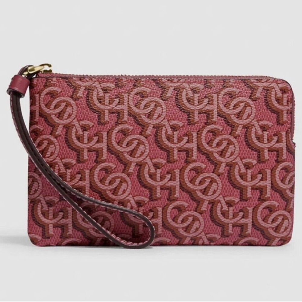 Coach Corner Zip Wristlet With Monogram Print Rouge Pink CF548